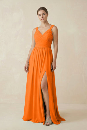 A - Line Pleated Chiffon Long Bridesmaid Dress in Cinnamon - SHE IS ME Bridesmaid Dresses