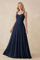 A - Line Pleated Chiffon Long Bridesmaid Dress in Dark Navy - KISS BRIDAL Bridesmaid Dresses