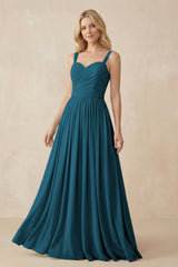 A - Line Pleated Chiffon Long Bridesmaid Dress in Dark Teal - KISS BRIDAL Bridesmaid Dresses