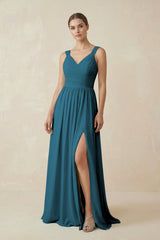 A - Line Pleated Chiffon Long Bridesmaid Dress in Dark Teal - KISS BRIDAL Bridesmaid Dresses