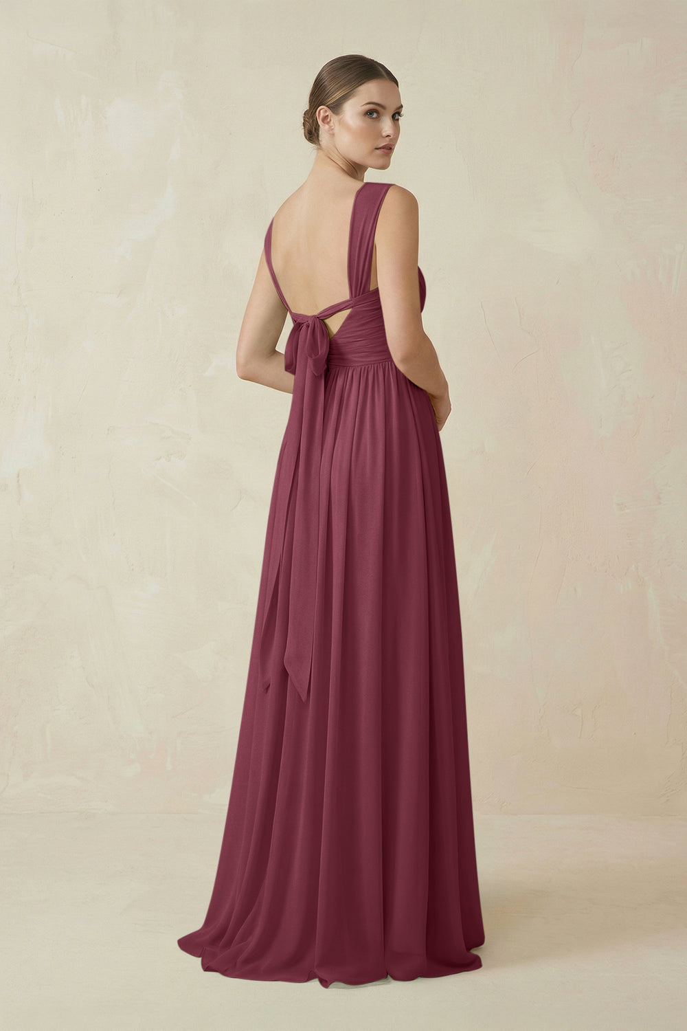 A-Line Pleated Chiffon Long Bridesmaid Dress in Desert Rose