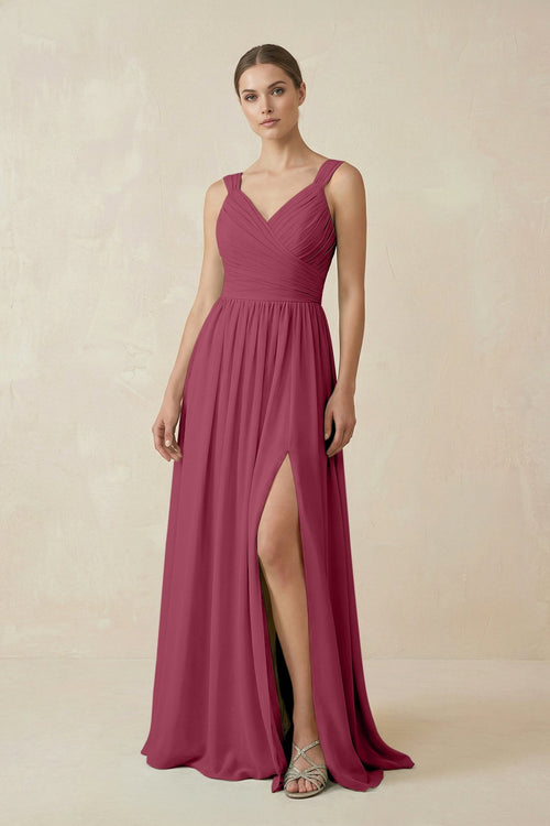 A - Line Pleated Chiffon Long Bridesmaid Dress in Desert Rose - SHE IS ME Bridesmaid Dresses