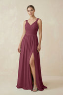 A-Line Pleated Chiffon Long Bridesmaid Dress in Desert Rose | KISSBRIDAL