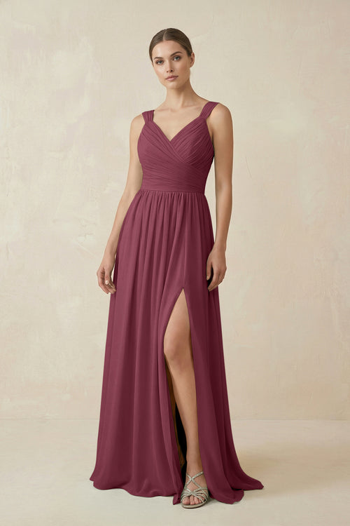 A-Line Pleated Chiffon Long Bridesmaid Dress in Desert Rose | KISSBRIDAL