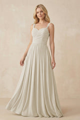 A - Line Pleated Chiffon Long Bridesmaid Dress in Dove Gray - KISS BRIDAL Bridesmaid Dresses