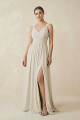 A - Line Pleated Chiffon Long Bridesmaid Dress in Dove Gray - KISS BRIDAL Bridesmaid Dresses