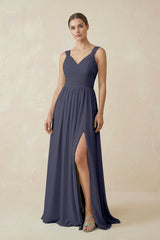A - Line Pleated Chiffon Long Bridesmaid Dress in Dusk Blue - KISS BRIDAL Bridesmaid Dresses