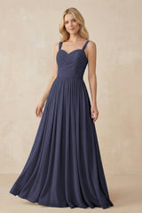 A - Line Pleated Chiffon Long Bridesmaid Dress in Dusk Blue - KISS BRIDAL Bridesmaid Dresses