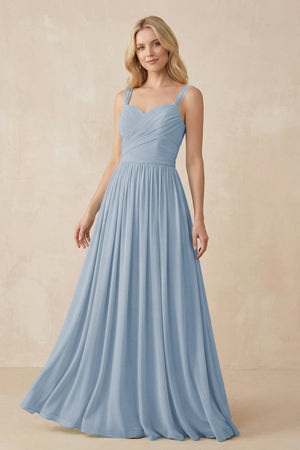 A - Line Pleated Chiffon Long Bridesmaid Dress in Dusty Blue - SHE IS ME Bridesmaid Dresses