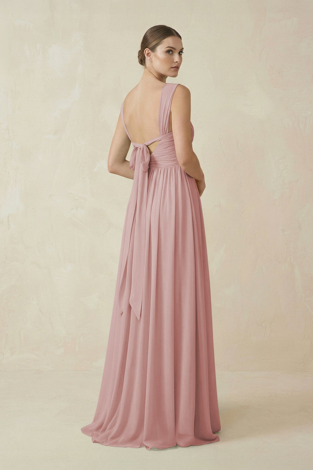 A - Line Pleated Chiffon Long Bridesmaid Dress in Dusty Rose - SHE IS ME Bridesmaid Dresses