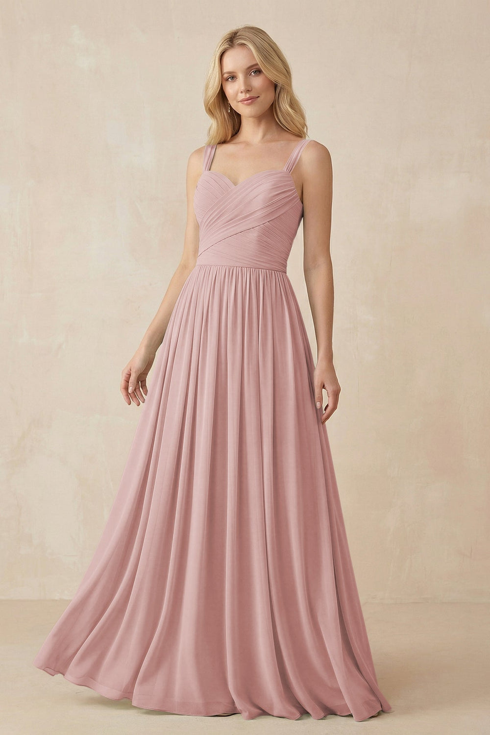 A - Line Pleated Chiffon Long Bridesmaid Dress in Dusty Rose - SHE IS ME Bridesmaid Dresses