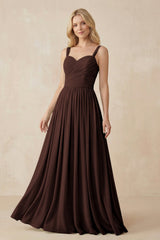 A - Line Pleated Chiffon Long Bridesmaid Dress in Espresso - KISS BRIDAL Bridesmaid Dresses