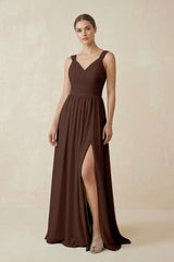 A - Line Pleated Chiffon Long Bridesmaid Dress in Espresso - KISS BRIDAL Bridesmaid Dresses