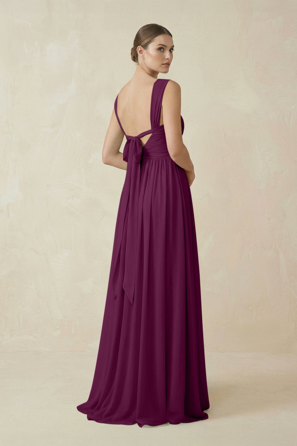 A - Line Pleated Chiffon Long Bridesmaid Dress in Fig - SHE IS ME Bridesmaid Dresses