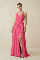 A - Line Pleated Chiffon Long Bridesmaid Dress in Fuchsia - SHE IS ME Bridesmaid Dresses