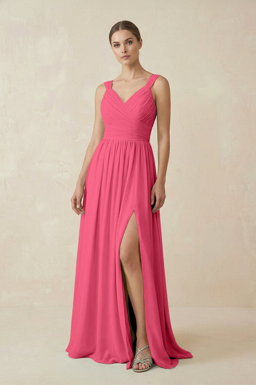 A - Line Pleated Chiffon Long Bridesmaid Dress in Fuchsia - SHE IS ME Bridesmaid Dresses