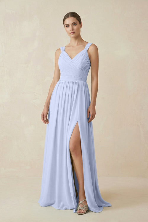 A - Line Pleated Chiffon Long Bridesmaid Dress in Ice - SHE IS ME Bridesmaid Dresses
