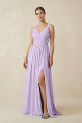A - Line Pleated Chiffon Long Bridesmaid Dress in Lavender - KISS BRIDAL Bridesmaid Dresses