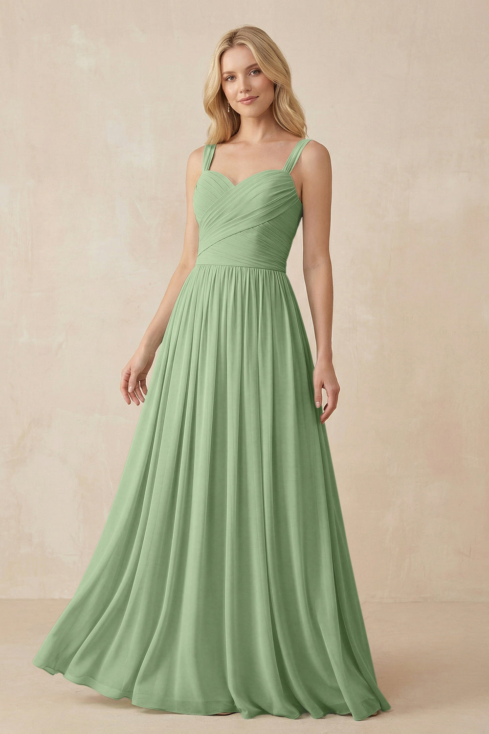 A-Line Pleated Long Chiffon Bridesmaid Dress in Matcha