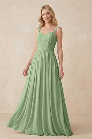 A - Line Pleated Chiffon Long Bridesmaid Dress in Matcha - KISS BRIDAL Bridesmaid Dresses