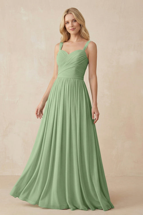 A - Line Pleated Chiffon Long Bridesmaid Dress in Matcha - KISS BRIDAL Bridesmaid Dresses
