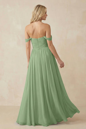 A - Line Pleated Chiffon Long Bridesmaid Dress in Matcha - KISS BRIDAL Bridesmaid Dresses