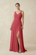 A - Line Pleated Chiffon Long Bridesmaid Dress in Merlot - SHE IS ME Bridesmaid Dresses