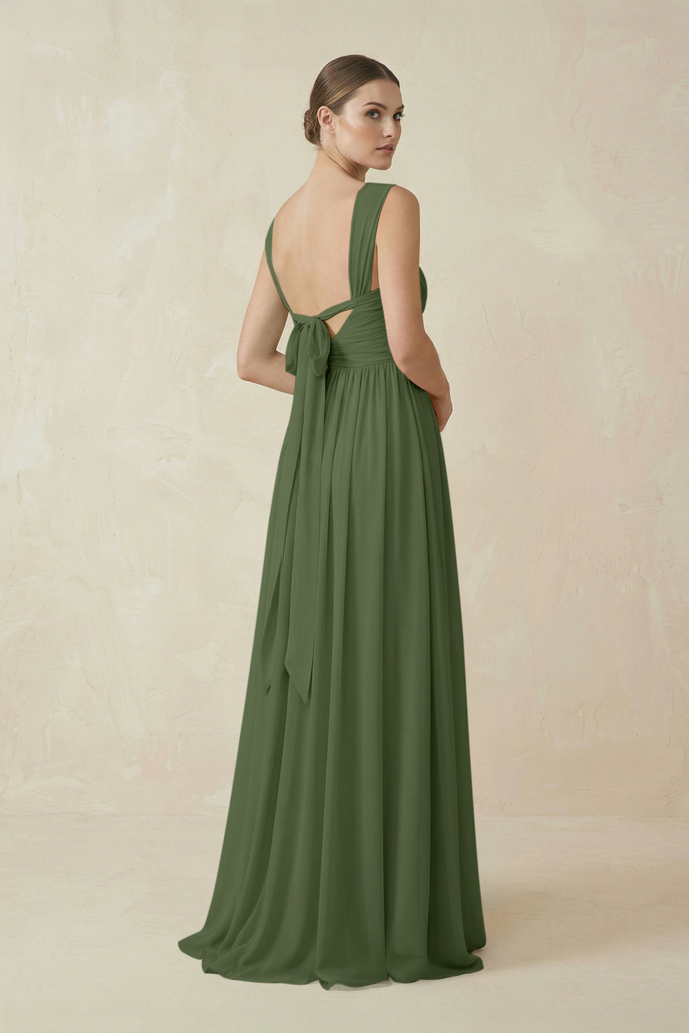 A-Line Pleated Chiffon Long Bridesmaid Dress in Moss