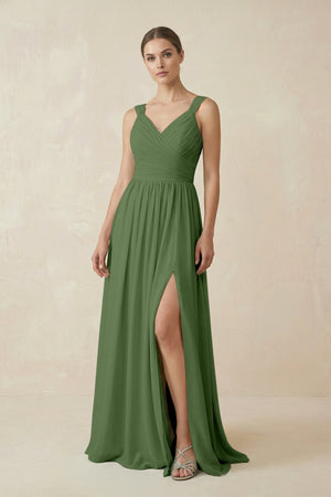 A - Line Pleated Chiffon Long Bridesmaid Dress in Moss - SHE IS ME Bridesmaid Dresses