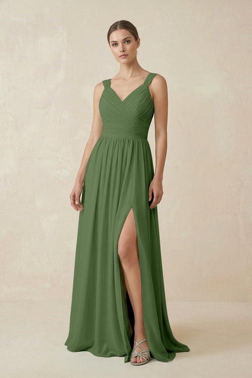 A - Line Pleated Chiffon Long Bridesmaid Dress in Moss - SHE IS ME Bridesmaid Dresses