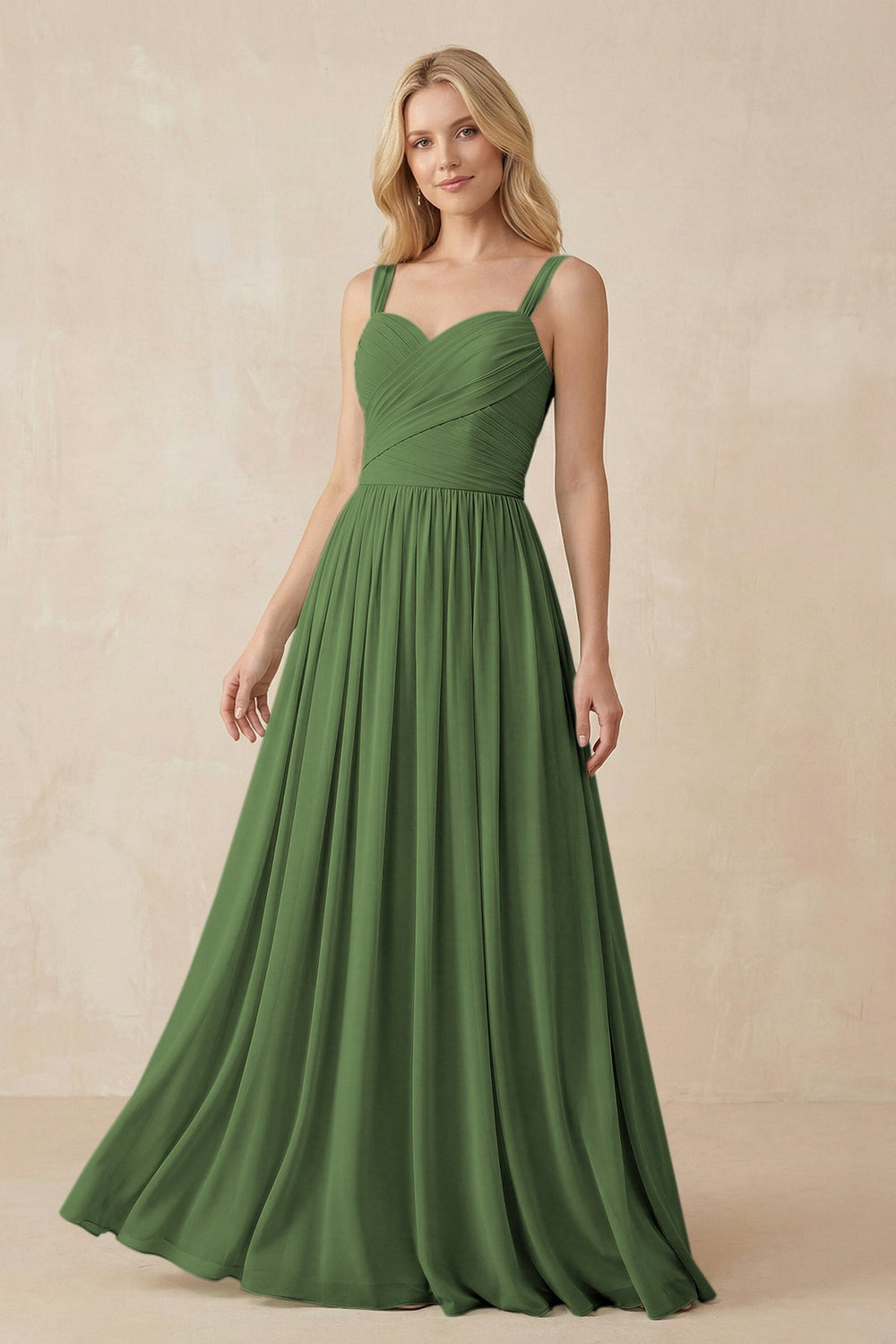 A - Line Pleated Chiffon Long Bridesmaid Dress in Moss - SHE IS ME Bridesmaid Dresses