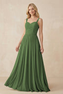 A - Line Pleated Chiffon Long Bridesmaid Dress in Moss - SHE IS ME Bridesmaid Dresses