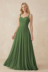 A - Line Pleated Chiffon Long Bridesmaid Dress in Moss - KISS BRIDAL Bridesmaid Dresses