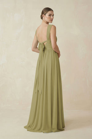 A-Line Pleated Chiffon Long Bridesmaid Dress in Moss Green (2) | KISSBRIDAL