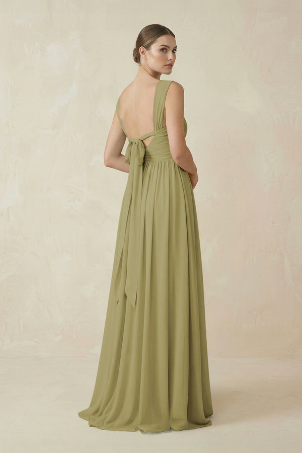 A-Line Pleated Chiffon Long Bridesmaid Dress in Moss Green (2) | KISSBRIDAL