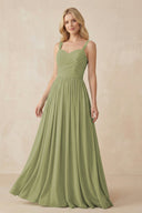 A - Line Pleated Chiffon Long Bridesmaid Dress in Moss Green - SHE IS ME Bridesmaid Dresses