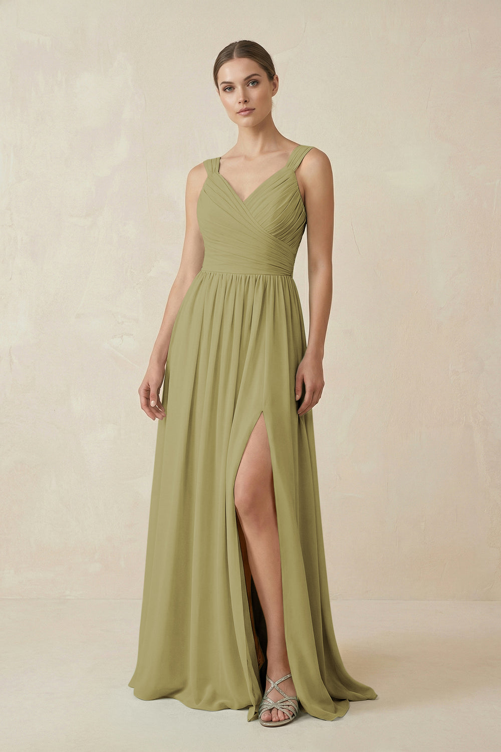 A-Line Pleated Chiffon Long Bridesmaid Dress in Moss Green