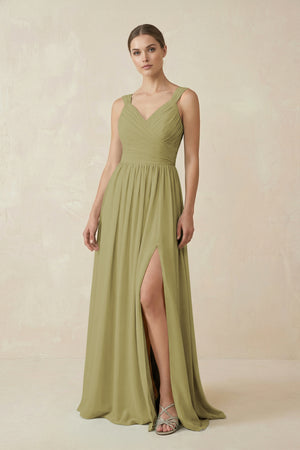 A-Line Pleated Chiffon Long Bridesmaid Dress in Moss Green | KISSBRIDAL