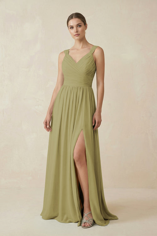 A-Line Pleated Chiffon Long Bridesmaid Dress in Moss Green | KISSBRIDAL