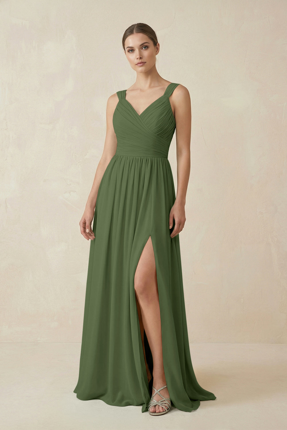 A-Line Pleated Chiffon Long Bridesmaid Dress in Moss