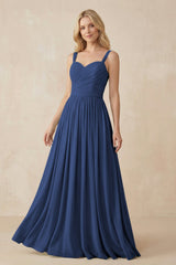 A - Line Pleated Chiffon Long Bridesmaid Dress in Navy - KISS BRIDAL Bridesmaid Dresses