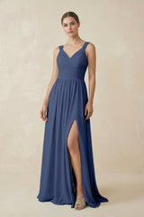 A - Line Pleated Chiffon Long Bridesmaid Dress in Navy - KISS BRIDAL Bridesmaid Dresses