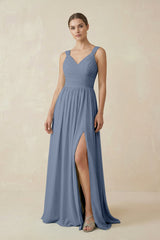 A - Line Pleated Chiffon Long Bridesmaid Dress in Neptune - KISS BRIDAL Bridesmaid Dresses