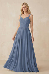 A - Line Pleated Chiffon Long Bridesmaid Dress in Neptune - KISS BRIDAL Bridesmaid Dresses