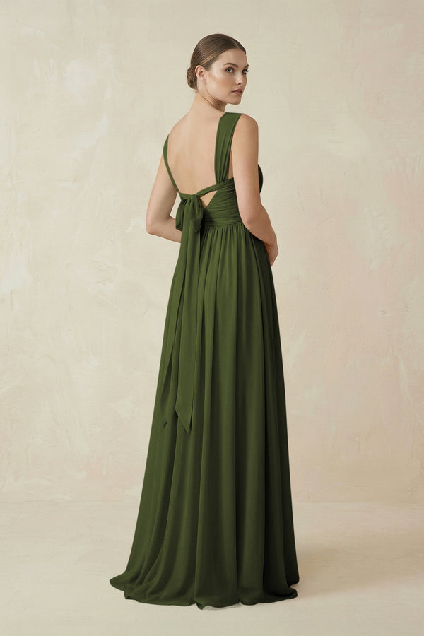 A - Line Pleated Chiffon Long Bridesmaid Dress in Olive - SHE IS ME Bridesmaid Dresses