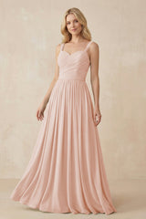 A - Line Pleated Chiffon Long Bridesmaid Dress in Pale Blush - KISS BRIDAL Bridesmaid Dresses