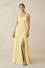 A - Line Pleated Chiffon Long Bridesmaid Dress in Pastel Yellow - KISS BRIDAL Bridesmaid Dresses