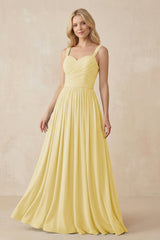 A - Line Pleated Chiffon Long Bridesmaid Dress in Pastel Yellow - KISS BRIDAL Bridesmaid Dresses