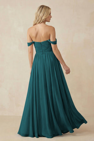 A - Line Pleated Chiffon Long Bridesmaid Dress in Pine - SHE IS ME Bridesmaid Dresses