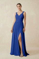 A - Line Pleated Chiffon Long Bridesmaid Dress in Royal Blue - KISS BRIDAL Bridesmaid Dresses